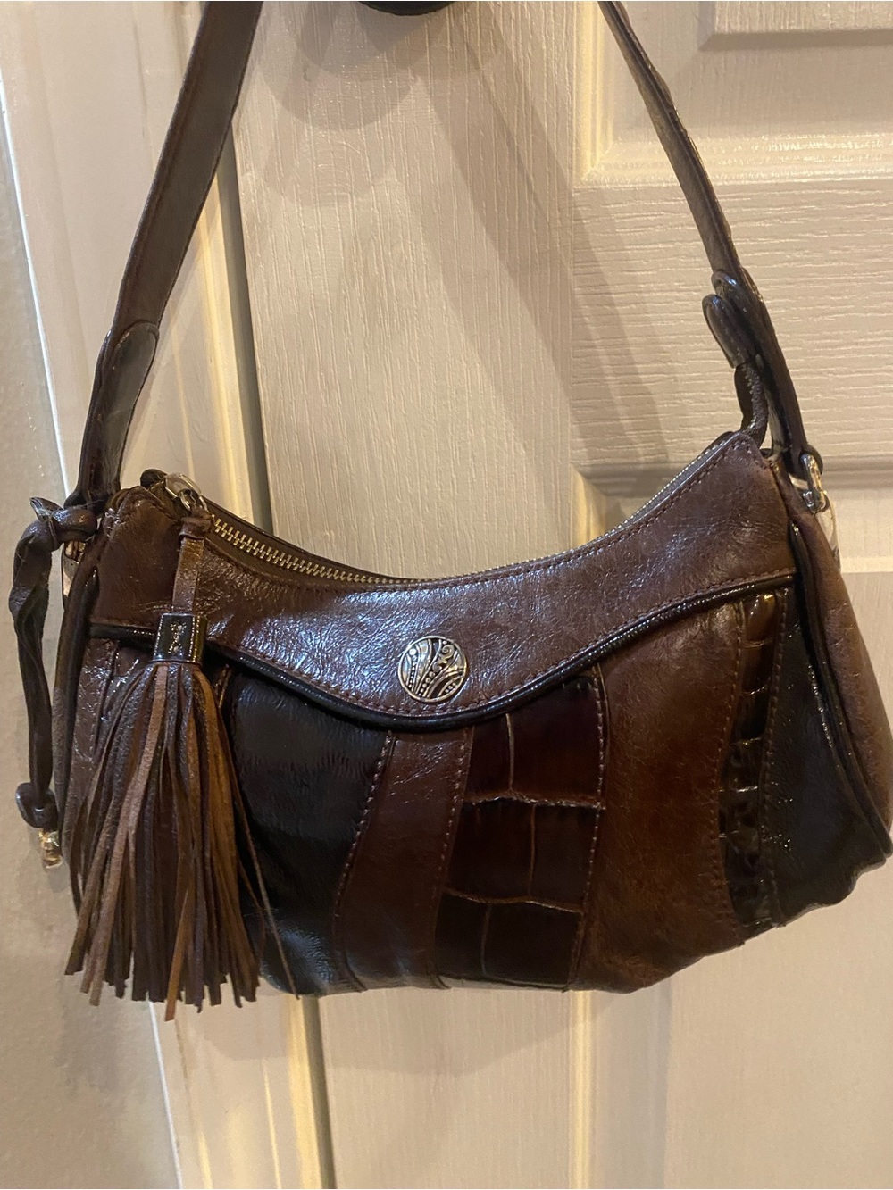 Brighton Brown Patchwork Leather Shoulder Bag with Tassel Accent